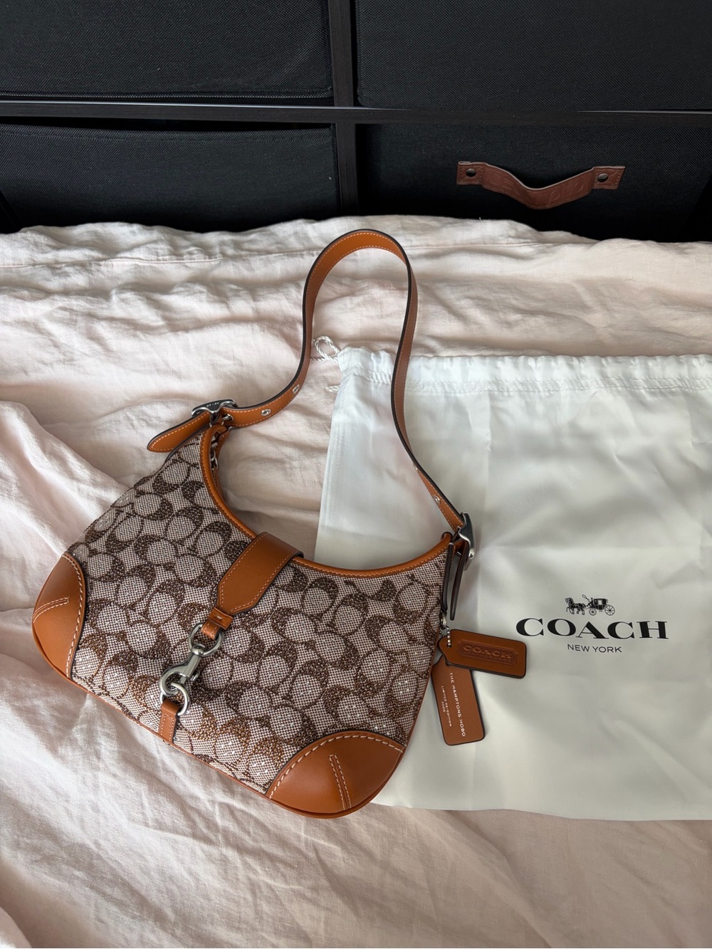 COACH Hamptons Hobo Bag In Crystal Signature Jacquard- Silver/Burnished Amber